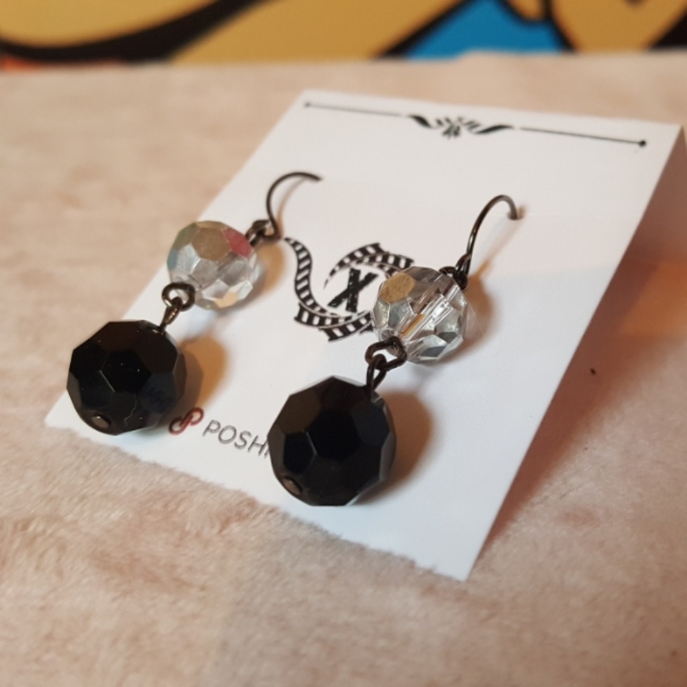 Dangling Faceted Crystal & Black Beaded Earrings
